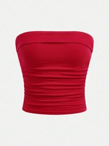 SHEIN 少女腰部褶皱针织短款上衣和抽绳低腰阔腿运动休闲工装裤套装，街头时尚吊带背心和裤子套装 - 紅色 - 查看 8