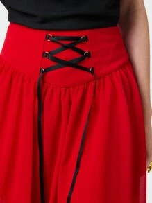SHEIN Unity Jupe mi-longue rouge à taille haute avec volant et lacets contrastés en avant