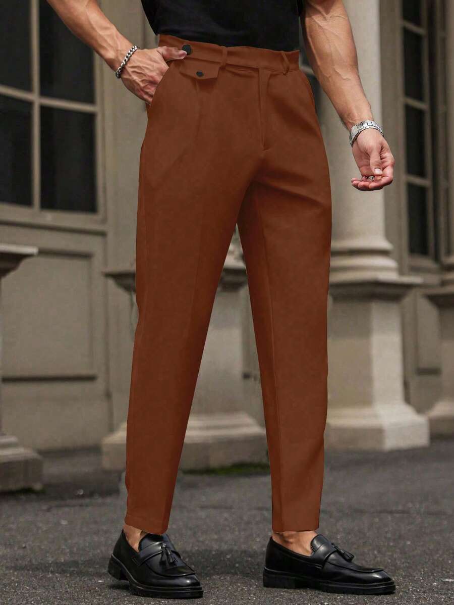 Manfinity Mode Pantalones de traje casuales de pierna recta y bolsillo con botón de unicolor para hombre - Marrón - Ver 1