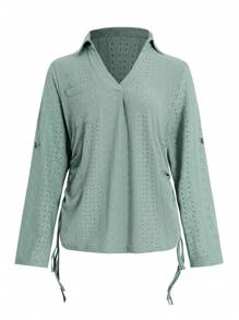 INAWLY Women's Casual Jacquard Fabric V-Neck Drawstring Loose Sweatshirt Pullover Fall - Green - View 5