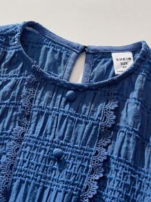 THE HAPPY LOOK Young Girls Blue Woven Fabric Round Neck Lantern Sleeve Lace Panel Flared Hem Loose Shirt And Elastic Waistband Balloon Leg Pants Set, Mori Style, Autumn/Winter