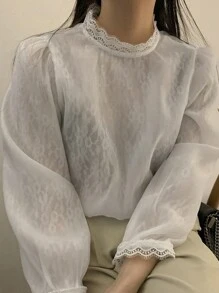DAZY 女士双层蕾丝优雅精致衬衫，秋装 - 白色 - 查看 7