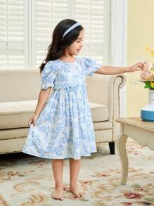 年轻女孩花卉图案圆领短袖柔软舒适休闲睡袍兄弟姐妹装（2 套单独出售） - 藍白色 - 查看 3