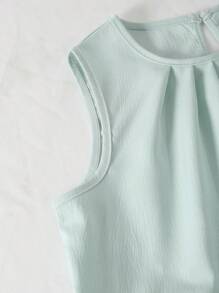 女孩休闲简约圆领无袖宽松纯色衬衫和松紧腰阔腿宽松纯色裤子夏季服装套装 - 薄荷綠 - 查看 7