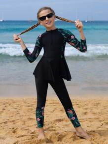 Tween Girls Coconut Palm Print Zipper Swimwear With Pants, Casual Beach Vacation Summer Holiday