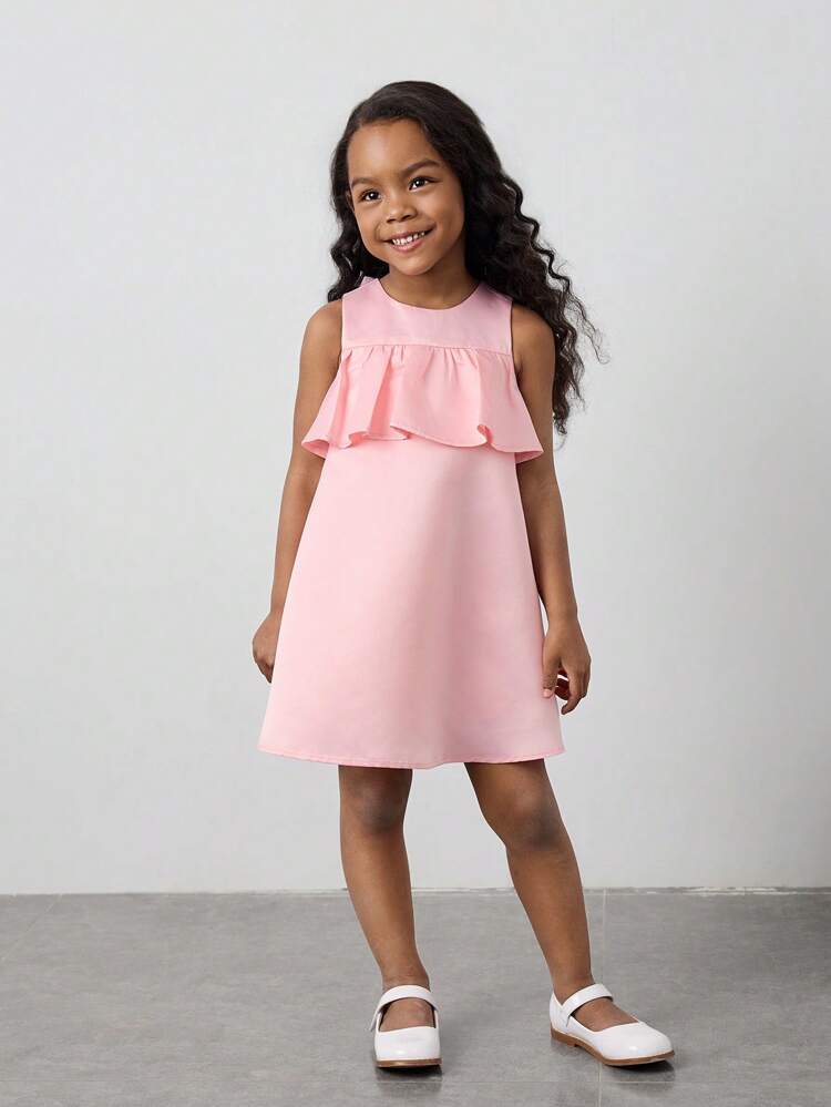 Young Girl Loose Casual Bowknot Decor Ruffle Hem Dress