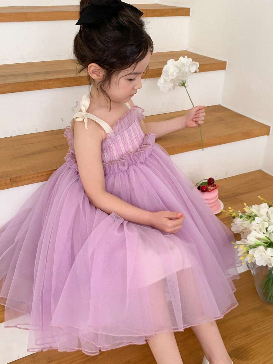 DAZY Young Girls Wide Strap Tie Waist Simple Design Dress,Girls Summer Outfits - Purple - View 1