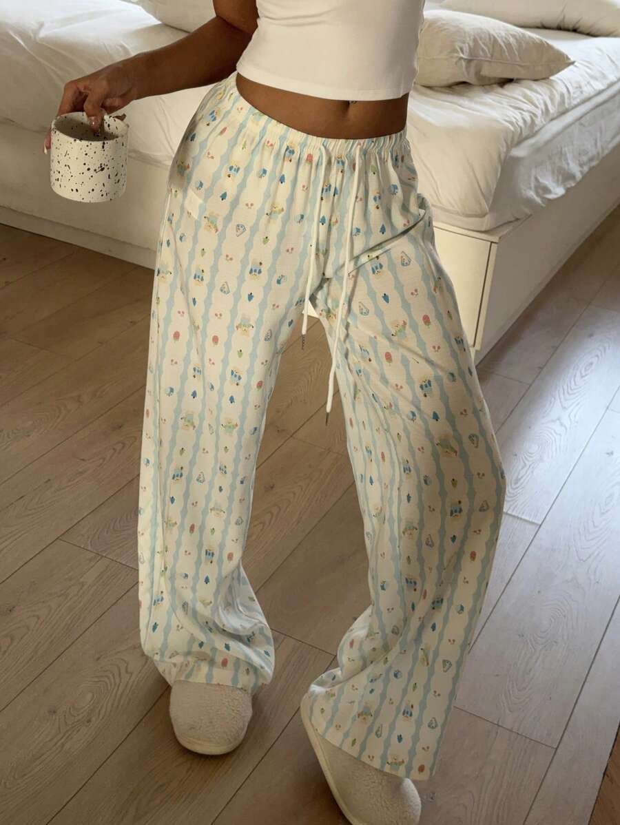 Aloruh 女士条纹卡通印花抽绳腰长裤 - 彩色 - 查看 1