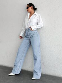 RueChic 100%纯棉高腰阔腿牛仔裤