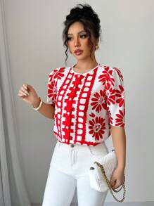 Rafferiza Women's Casual Loose Floral Print Crew Neck Short Sleeve Blouse-Style Shirt - Red - View 6