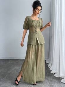 Solavon 2pcs/Set Women Solid Color Button Design Short Sleeve Shirt & Pants Suit - Green - View 5