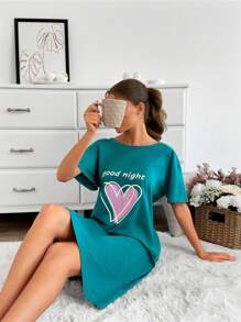 RueChic Slogan & Heart Print Short Sleeve Nightdress - Teal Blue - View 5