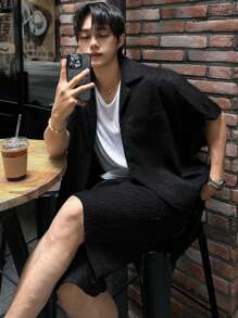 DAZY Men's Asymmetrical Design Textured Fabric Shirt Set, Summer - Black - View 7