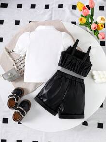 3pcs/Set Baby Girl Spring&Summer Street Style,Short Sleeves Solid Shirt&Bowknot Decoration Slip Coat &Short Pants
