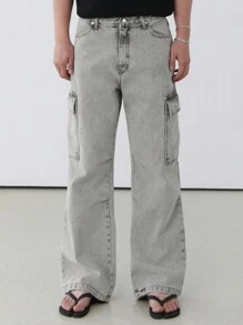 DAZY Solid Gray Men's Utility Pocket Jeans, Autumn - Light Grey - View 7