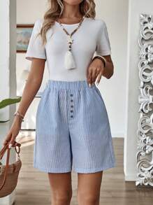 EMERY ROSE 中腰百慕大短裤，纯色，侧袋，宽松，膝盖长度，基本款式 - 藍白色 - 查看 6