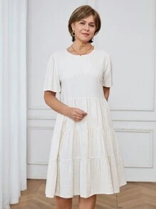 SHEIN LUNE Gaun Pendek Wanita Warna Polos dengan Leher Bulat dan Hem Berumbai - Aprikot - View 3