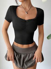 Flirla New Arrival Women Lace Trim Bow Decor Black Ribbed Elastic Slim Fit T-Shirt, Versatile Top For Commuting