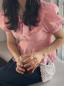 DAZY 方领修身短款女式衬衫，荷叶边，娃娃衫，度假风