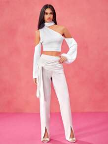 Tristan Blake Designer Witte Off-The-Shoulder Opstaande Kraag Geplooide Cropped Halter Top, Festival