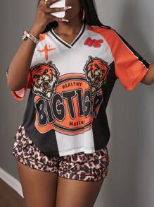 Slaydiva Women's Summer All-Match Casual T-Shirt, Versatile For Music Festivals, Boho Style, Easter, Nashville, Birthdays, Graduation, Students, Daily Wear, Holidays, Cruise Travel, Beach, Sunbathing, Minimalist, Sports, Mesh Printing, Streetwear, Letter Printing, Colorblock