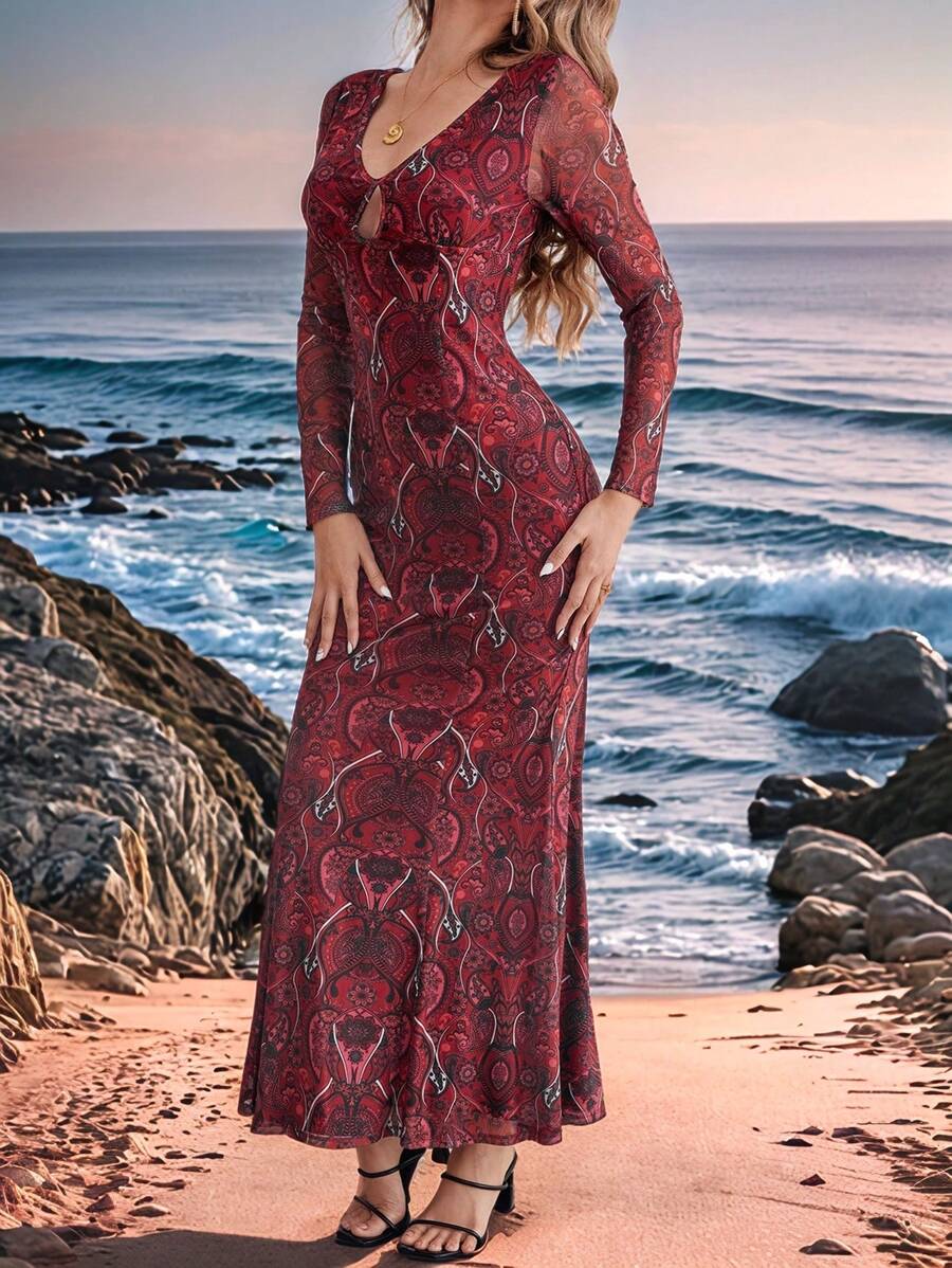 SHEIN VCAY 女式佩斯利复古印花 V 领长袖半透明连衣裙 - 紅色 - 查看 1