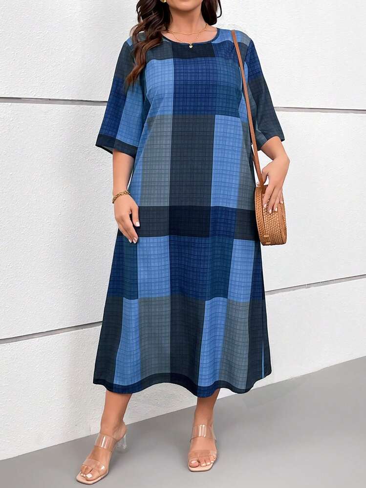 Linhara Plus Size Women Plaid Digital Print Round Neck 3/4 Sleeve Mid-Long Casual/Resort Dress, Spring/Summer - Multicolor - View 4