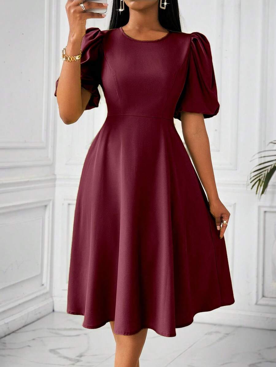 SHEIN Unity 泡泡袖收腰长裙,绿色,女式,春夏长款女装 - 酒紅色 - 查看 1
