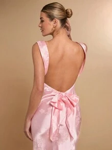 SHEIN BAE 春夏浅粉色无袖性感露背蝴蝶结装饰女式提花纹理连衣裙，适合情人节、派对、浪漫约会、伴娘、舞会、通勤、生日、日常 - 粉色 - 查看 3