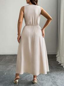 Celure Große Größen Leinenkragen Kleid mit Raffung in der Taille und Falten