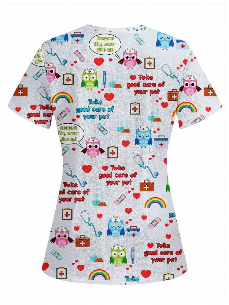 Top de uniforme médico para mujer con diseño de dispositivo de patrón de búho de dibujos animados, un diseño divertido - Blanco - Añade 2