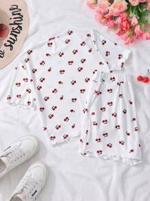 Teen Girls Cherry Print Short Sleeve Top And Shorts 2 Pieces Set