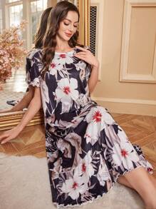 Elegant Floral Pattern Women Round Neck Short Sleeve Nightgown - Black - View 5