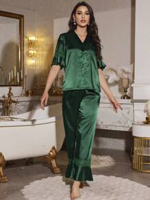 高贵优雅蕾丝拼布荷叶边缎面女士睡衣套装