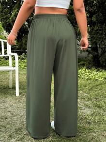 SHEIN EZwear 大码女式纯色松紧腰宽松休闲裤 - 橄欖綠 - 查看 2