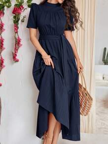 Seusyu 女士休闲纯色泡泡袖阿拉伯风格连衣裙 - 藏蓝色 - 查看 7