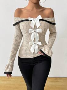 Chiquease Women's Black Open Shoulder Butterfly Knit Top, Elegant Autumn Wear