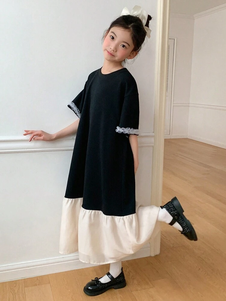 Tween Girl' Plain Color Block Round Neck Short Sleeve Minimalist Elegant Dress,Girls Summer Outfits,Back To School Clothes