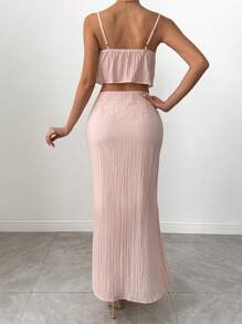 SHEIN Unity 2pcs/Set Women's Casual Solid Color Cropped Camisole And Fishtail Hem Skirt Set - Pink - View 2