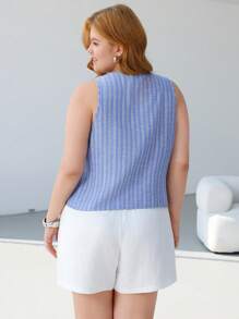 SHEIN EZwear Große Größen ärmelloses, gestreiftes Lässig-Hemd mit Vorder-Schleife, leicht für Frühling/Sommer