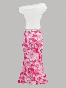 Girlism Conjunto de 2 piezas para adolescentes: Camiseta de punto con hombros oblicuos en rosa y blanco, y falda A-line de malla de punto floral en rosa, apropiado para vacaciones, fiestas, ceremonias de graduación y almuerzos