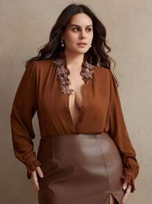 Anewsta 大码优雅长袖 3D 花卉透视灯笼袖刺绣衬衫上衣，适合情人节、暑假、新年 - 咖啡棕 - 查看 5