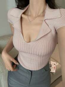 DAZY Women's Slim Fit V-Neck Short Sleeve Knit Top - Apricot - View 4