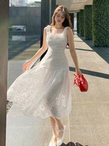 DAZY 女式荷叶边领刺绣中长连衣裙太阳裙