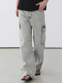 DAZY Solid Gray Men's Utility Pocket Jeans, Autumn - Light Grey - View 1