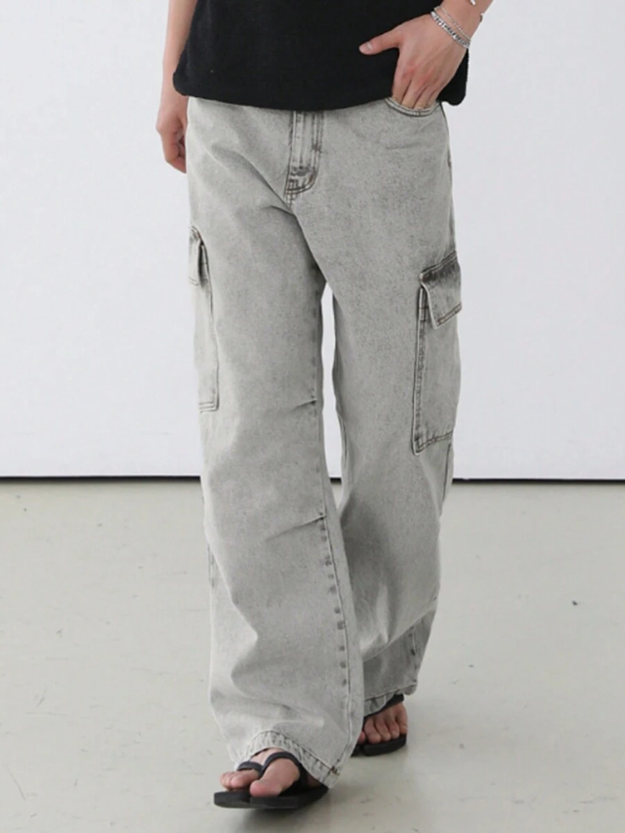 DAZY Solid Gray Men's Utility Pocket Jeans, Autumn - Light Grey - View 1