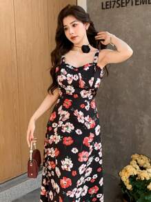 DAZY Women All-Over Floral Print Spaghetti Strap Waist Midi Dress Sundress Boho - Black - View 4