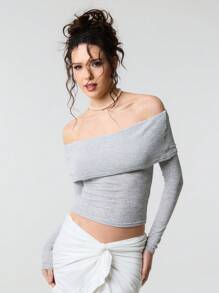 TypaGal Textured Fold Over Off Shoulder Long Sleeve Top - Grey - View 4