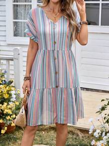 EMERY ROSE 女式条纹 V 领短袖纽扣休闲连衣裙 - 彩色 - 查看 4