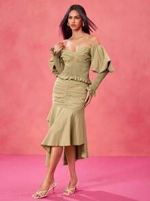 TSS Designer Army Green Off-Shoulder Smocking Ruffled Top And High Waist Ruched Asymmetrical Skirt Rave Set, For Festival Party Tops For Women Off Shoulder Tops Resort Wear 2025 - Army Green - View 3